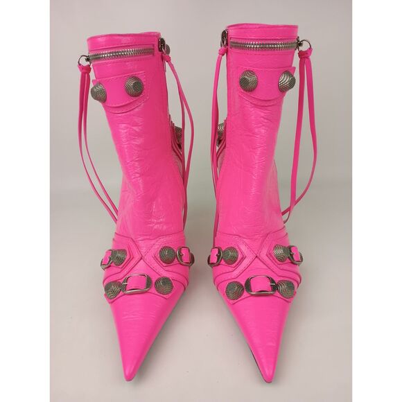 Balenciaga Women's Fluo Pink Cagole Leather Pointed Toe Ankle Boots Size 37 EU - Picture 4 of 8